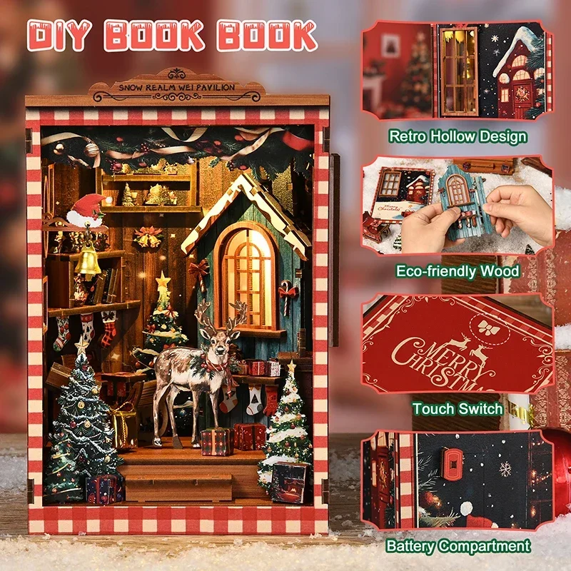 Diy Wooden Book Nook Kit Shelf Insert - ชุดโมเดลจิ๋ว ห้องสมุดหิมะ ศาลาเว่ย ที่คั่นหนังสือ DIY ชุดประกอบชั้นวางหนังสือไม้